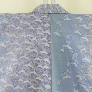 紬 着物 本場大島紬 花模様 袷 広衿 紫色 正絹 カジュアル着物 仕立て上がり 身丈158cm 美品