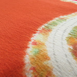 名古屋帯 椿柄 辻が花 オレンジ色ｘ赤色 仕立て上がり 着物帯 カジュアル 名古屋仕立て 長さ372cm 美品