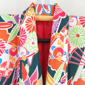 Kimono Green x multi -colored fan to pine pattern polyester lined wide -collar graduation ceremony formal tailoring kimono 164cm beautiful goods