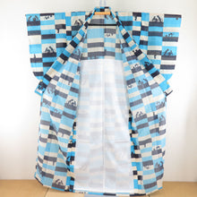 Load image into Gallery viewer, Summer kimono Komon Kimon Washable kimono Cat pattern beige in Ichimatsu Cat pattern beige x light blue bee collar polyester 100 % casual summer 155cm beautiful goods