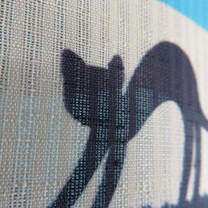 夏着物 小紋 洗える着物 単衣 市松に猫柄 ベージュｘ紺ｘ水色 バチ衿 ポリエステル100％ カジュアル 夏物 身丈155cm 美品