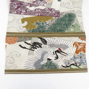 丸帯 アンテーク ベージュｘ緑ｘ辛子色 鶴に松梅と菊 絹 フォーマル 舞台衣装 着物帯 長さ404cm