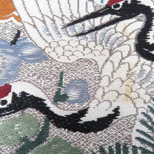 画像をギャラリービューアに読み込む, 丸帯 アンテーク ベージュｘ緑ｘ辛子色 鶴に松梅と菊 絹 フォーマル 舞台衣装 着物帯 長さ404cm