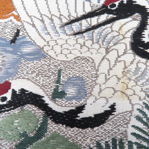 丸帯 アンテーク ベージュｘ緑ｘ辛子色 鶴に松梅と菊 絹 フォーマル 舞台衣装 着物帯 長さ404cm