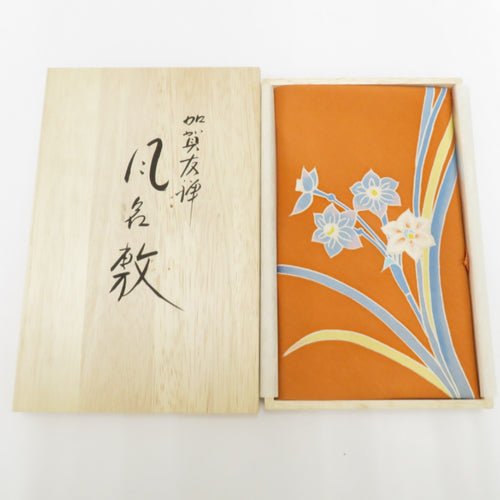 Kaga Yuzen Furoshiki Yoko Mizuno Approximately 74cm x about 70cm Orange ground pongee Furushiki Kiri box beautiful goods