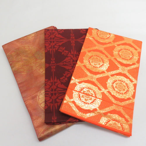 袋帯 袋帯セット 3点セット 洒落袋帯 オレンジｘゴールドｘエンジ色 花文様 絹 レトロ まとめ売り