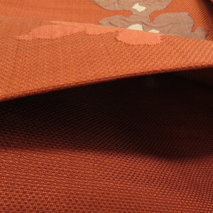名古屋帯 ふくれ織り 正絹 花模様 六通柄 仕立て上がり 赤オレンジ 着物帯 カジュアル 名古屋仕立て 長さ366cm 未使用品
