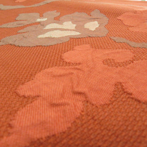 名古屋帯 ふくれ織り 正絹 花模様 六通柄 仕立て上がり 赤オレンジ 着物帯 カジュアル 名古屋仕立て 長さ366cm 未使用品