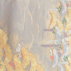 袋帯 ゴールドｘグレー 刺繍入り 波に松と藤模様 正絹 金糸 六通柄 フォーマル 仕立て上がり 着物帯 長さ432cm 美品