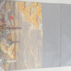 袋帯 ゴールドｘグレー 刺繍入り 波に松と藤模様 正絹 金糸 六通柄 フォーマル 仕立て上がり 着物帯 長さ432cm 美品