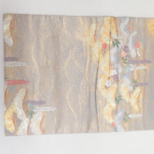 画像をギャラリービューアに読み込む, 袋帯 ゴールドｘグレー 刺繍入り 波に松と藤模様 正絹 金糸 六通柄 フォーマル 仕立て上がり 着物帯 長さ432cm 美品