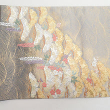 画像をギャラリービューアに読み込む, 袋帯 ゴールドｘグレー 刺繍入り 波に松と藤模様 正絹 金糸 六通柄 フォーマル 仕立て上がり 着物帯 長さ432cm 美品
