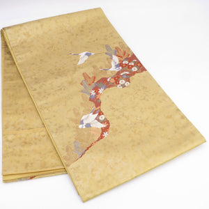 袋帯 正絹 鶴 刺繍 金色 花々 長さ434cm 仕立て上がり フォーマル 中古
