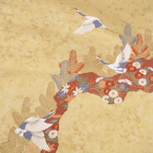 画像をギャラリービューアに読み込む, 袋帯 正絹 鶴 刺繍 金色 花々 長さ434cm 仕立て上がり フォーマル 中古