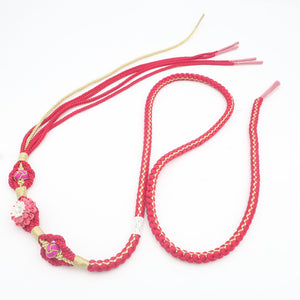 帯締め 振袖用 帯〆 赤・黒色 ピンク白 絹100% 金糸 つまみ細工 ラインストーン 成人式 和装小物 未使用品