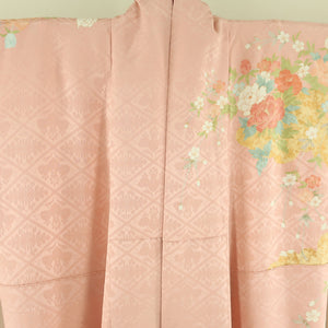 Kimono peony on kimono peony and rhomed rhomedy crest foil pure silk pure collar with a wide collar pink -colored adult ceremony graduation ceremony formal tailoring kimono height 161cm beautiful goods