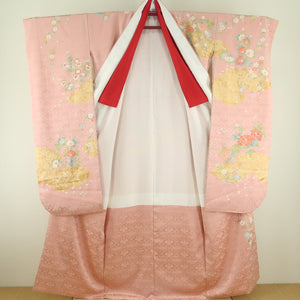 Kimono peony on kimono peony and rhomed rhomedy crest foil pure silk pure collar with a wide collar pink -colored adult ceremony graduation ceremony formal tailoring kimono height 161cm beautiful goods