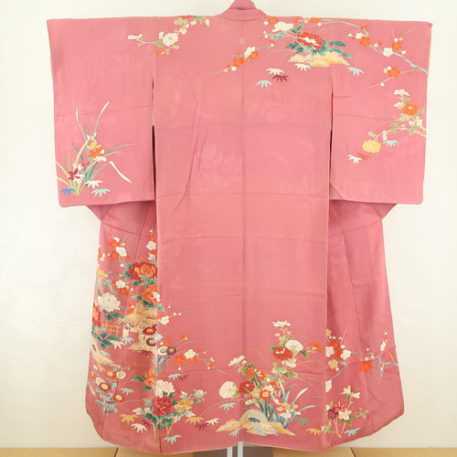 Visit clothes Antique Chaya Tsuji on Tsuji on a flowering lined with a wide collar one crest pure silk red -purple tailoring kimono retro Taisho romance 151cm used