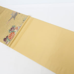 袋帯 葵祭絵巻紋 引箔 六通柄 正絹 金糸 金色 フォーマル 仕立て上がり 着物帯 長さ436cm 美品
