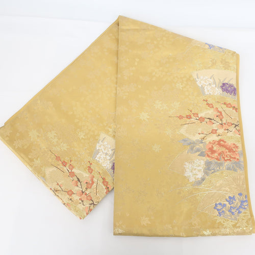 Nishijin Oriba Obi Zuru Juraku Kimi On the surface of the fan, the flower plum peony Akikusa six -handed pure silk thread pure gold thread tailoring kimono length 420 cm beautiful goods