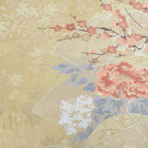 Nishijin Oriba Obi Zuru Juraku Kimi On the surface of the fan, the flower plum peony Akikusa six -handed pure silk thread pure gold thread tailoring kimono length 420 cm beautiful goods