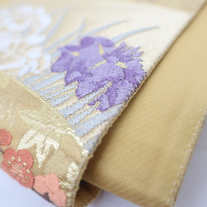 Nishijin Oriba Obi Zuru Juraku Kimi On the surface of the fan, the flower plum peony Akikusa six -handed pure silk thread pure gold thread tailoring kimono length 420 cm beautiful goods