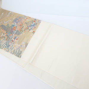 袋帯 本金箔 舞扇屏風文 六通柄 正絹 金糸 金色 白色 フォーマル 仕立て上がり 着物帯 長さ430cm 美品