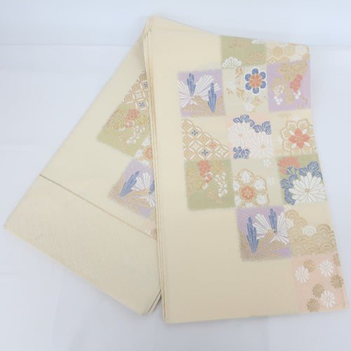 Nishijin Oriba Obi Obi Obi Ichimatsu Kami -ko Six -handed Pure Silk Kinjin Cream Cream Formal Unsuppeared Kimono Obi Length 460cm Beautiful goods