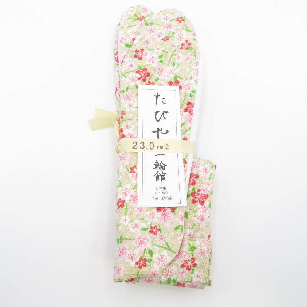 柄足袋 23.0cm ベージュ色 桜柄 さくら 底面白色 日本製 たびや 一輪館 綿100％ 4枚こはぜ レディース 女性用 足袋 カジュアル 新品