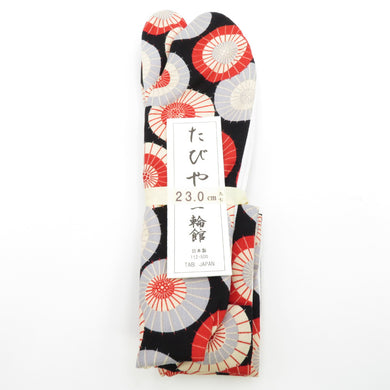 柄足袋 23.0cm 黒色 和傘柄 底面白色 日本製 たびや 一輪館 綿100％ 4枚こはぜ レディース 女性用 足袋 カジュアル 新品