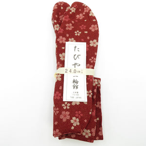 柄足袋 24.0cm 臙脂色 桜柄 さくら 底面白色 日本製 たびや 一輪館 綿100％ 4枚こはぜ レディース 女性用 足袋 カジュアル 新品