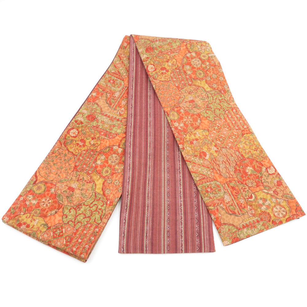 半幅帯 リバーシブル半巾帯 正絹 巾:約15.5cm×長さ:約379cm 小紋×紬 橙 