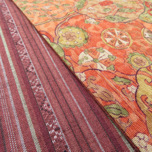 半幅帯 リバーシブル半巾帯 正絹 巾:約15.5cm×長さ:約380cm 小紋×紬 橙×紫 細帯 小袋帯 オリジナル 仕立て上がり