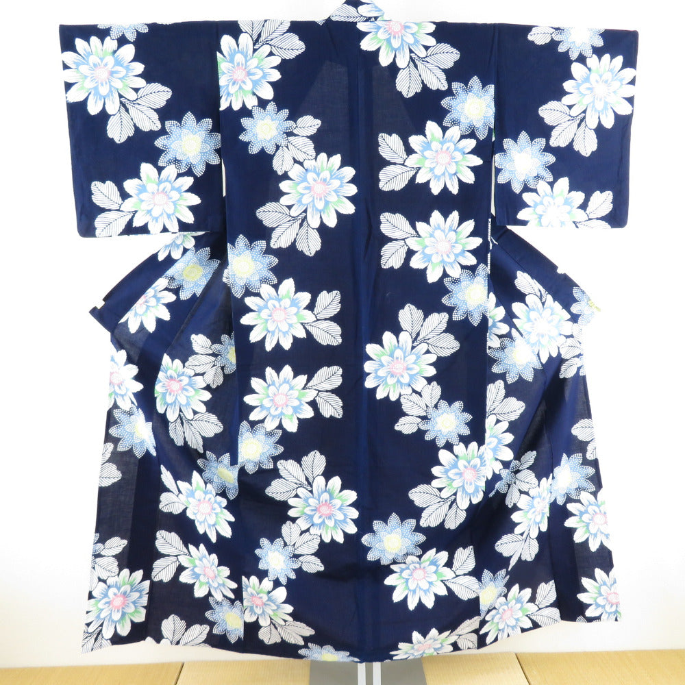 浴衣 大輪の花 女性用ゆかた 藍色 木綿 夏物 レディース 仕立て上がり 身丈153cm 美品