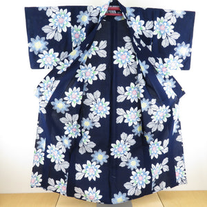 浴衣 大輪の花 女性用ゆかた 藍色 木綿 夏物 レディース 仕立て上がり 身丈153cm 美品