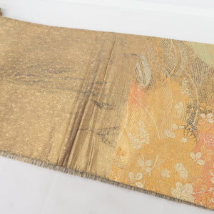 袋帯 菊に秋草 六通柄 正絹 金色 金糸 フォーマル 仕立て上がり 着物帯 長さ437cm 美品