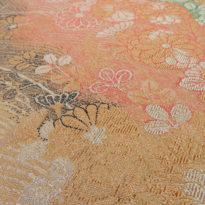 袋帯 菊に秋草 六通柄 正絹 金色 金糸 フォーマル 仕立て上がり 着物帯 長さ437cm 美品
