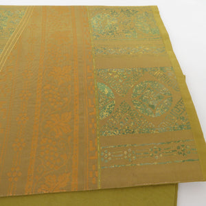 西陣織 袋帯 有楽帯 古典縞 抹茶色 六通柄 正絹 セミフォーマル 仕立て上がり 長さ452cm 美品