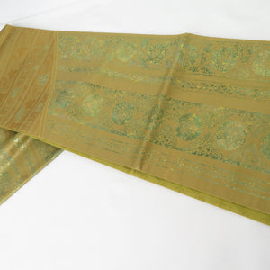 西陣織 袋帯 有楽帯 古典縞 抹茶色 六通柄 正絹 セミフォーマル 仕立て上がり 長さ452cm 美品