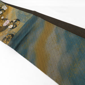 袋帯 菊牡丹に鶴 黒緑色 六通柄 正絹 フォーマル 仕立て上がり 長さ444cm 美品