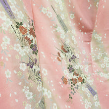 画像をギャラリービューアに読み込む, 小紋 桜に扇子 箔 正絹 ピンク色 袷 広衿 カジュアル 仕立て上がり 身丈169cm 美品