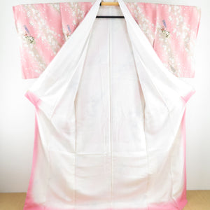 小紋 桜に扇子 箔 正絹 ピンク色 袷 広衿 カジュアル 仕立て上がり 身丈169cm 美品