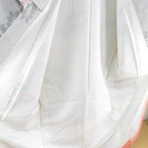 紬 着物 白色 花葉 正絹 袷 バチ衿 カジュアル 仕立て上がり  身丈162cm