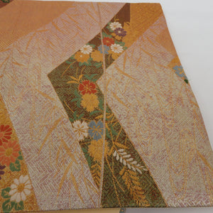 袋帯 花蝶 ゴールド 六通柄 正絹 金糸 フォーマル 仕立て上がり 着物帯 長さ428cm 美品