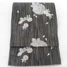 画像をギャラリービューアに読み込む, 袋帯 すくい織り 菊 黒色 六通柄 正絹 銀糸 セミフォーマル 仕立て上がり 着物帯 長さ440cm 美品