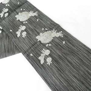 Back Obi Square Weaving Chrysanthemum Black Rokukuro Pure Silk Silver Silver Themnal Tailor Tailoring Kimono Length 440cm Beautiful goods