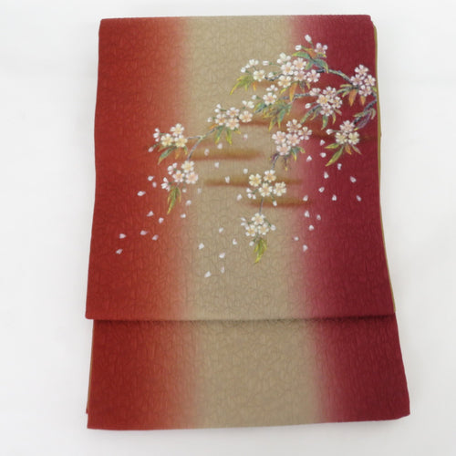 Bag track swelling cherry blossom dyed pattern red purple drum pure pure silk semi -formal tailoring kimono band length 452cm