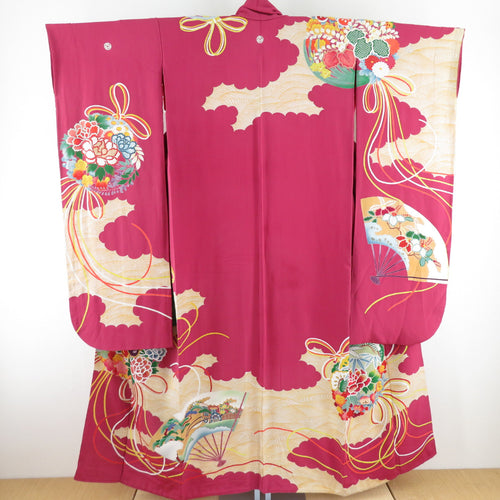 Kimono Antique red -purple bouquet embroidery five crests lined coin pure silk red silk back retro Meiji era romance old kimono 156cm