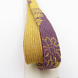 帯締め・帯揚げセット 正絹 手組紐 平組紐 椿 箔 金糸 紫色 絹100% 和装小物 未使用品
