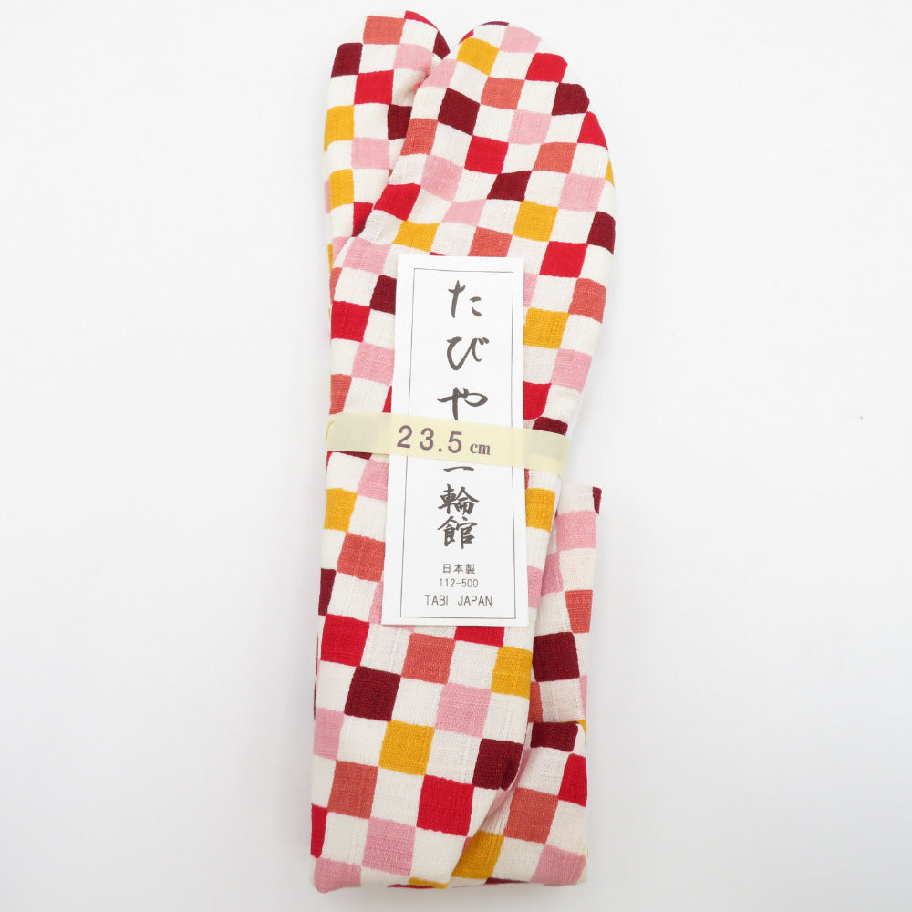 柄足袋 23.5cm 白・暖色系 市松柄 底面白色 日本製 たびや 一輪館 綿100％ 4枚こはぜ レディース 女性用 足袋 着付け小物 カジュアル